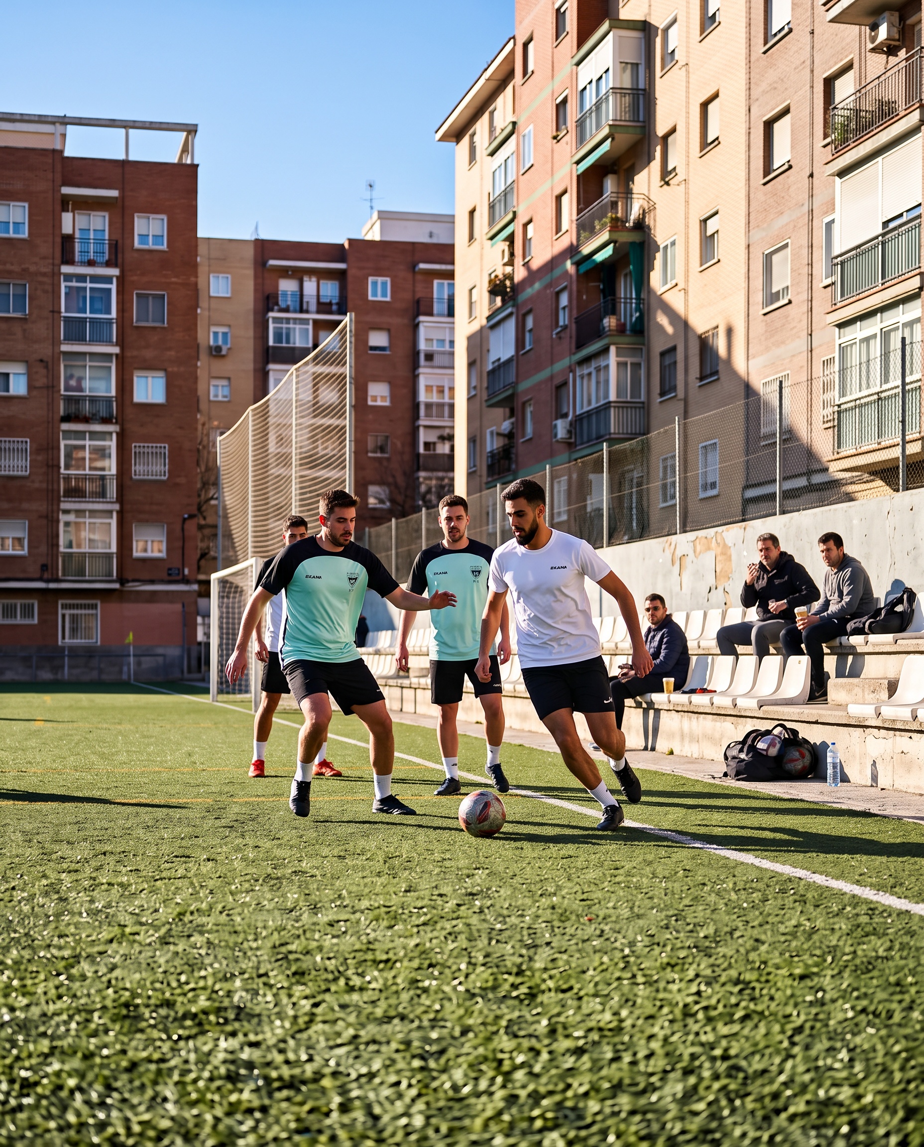 Adults playing on a neighbourhood pitch with blocks of flats behind