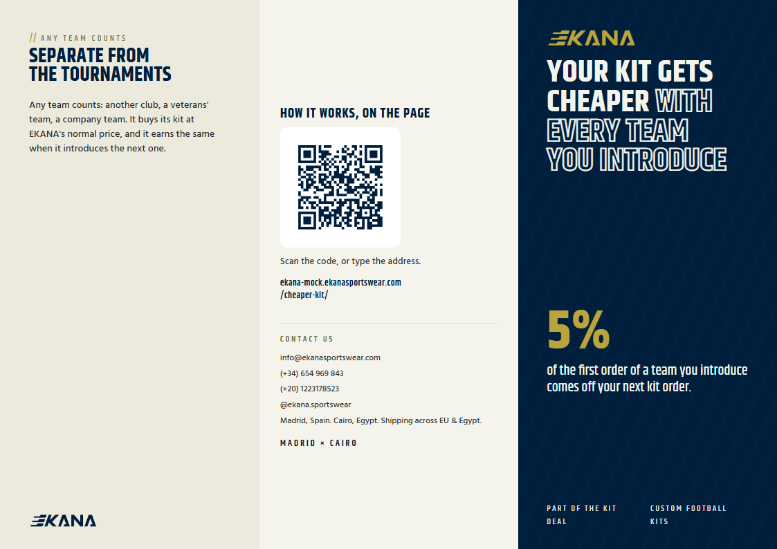 The leaflet's outside: the flap, the back panel with the QR code and EKANA's contact, the front panel with the headline and the sentence